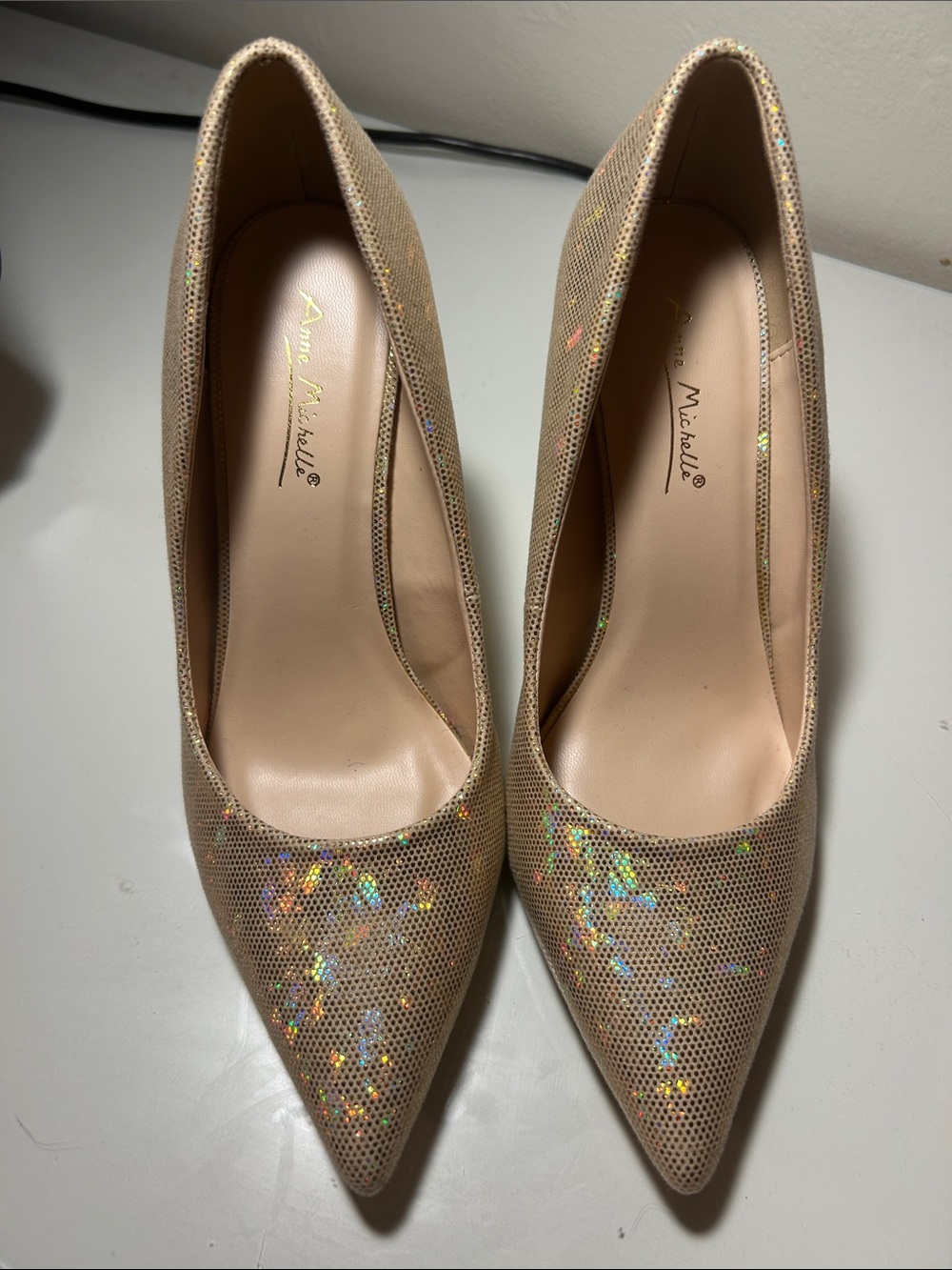Anne Michelle Gold Holographic Pointed-Toe Heels